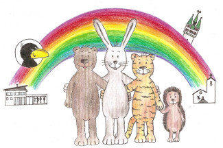 Bär, Hase, Tiger und Eule unter dem Regenbogen